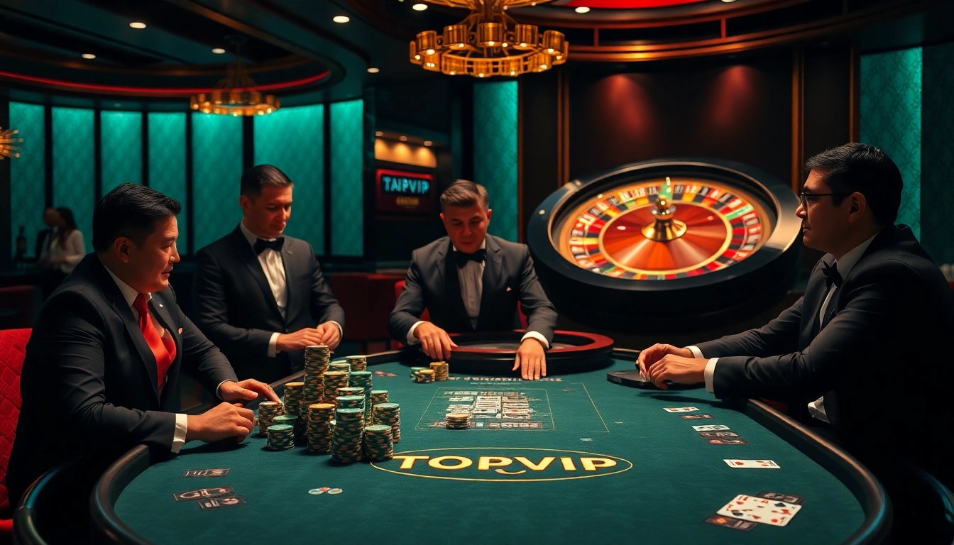 Experience the elite atmosphere of TOPVIP with glamorous poker games, vibrant colors, and professional dealers.