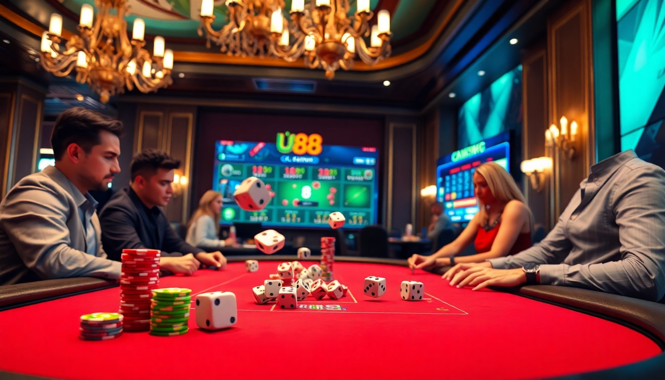 uu88 players enjoying a thrilling poker game amidst vibrant casino lights and luxury.