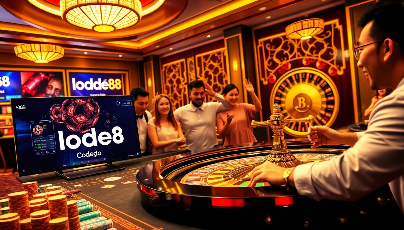 Players at a luxurious lode88 casino table enjoying an exciting game of roulette with vibrant chips.
