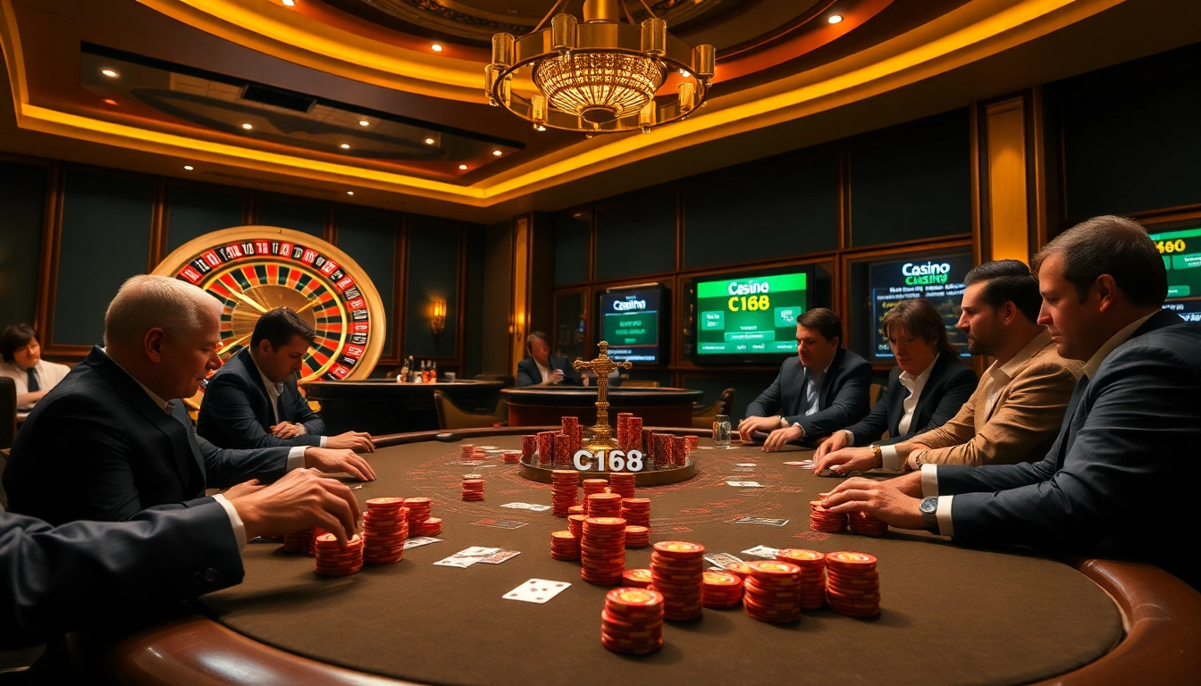 C168 players engage intensely in a high-stakes poker game at a luxurious casino.