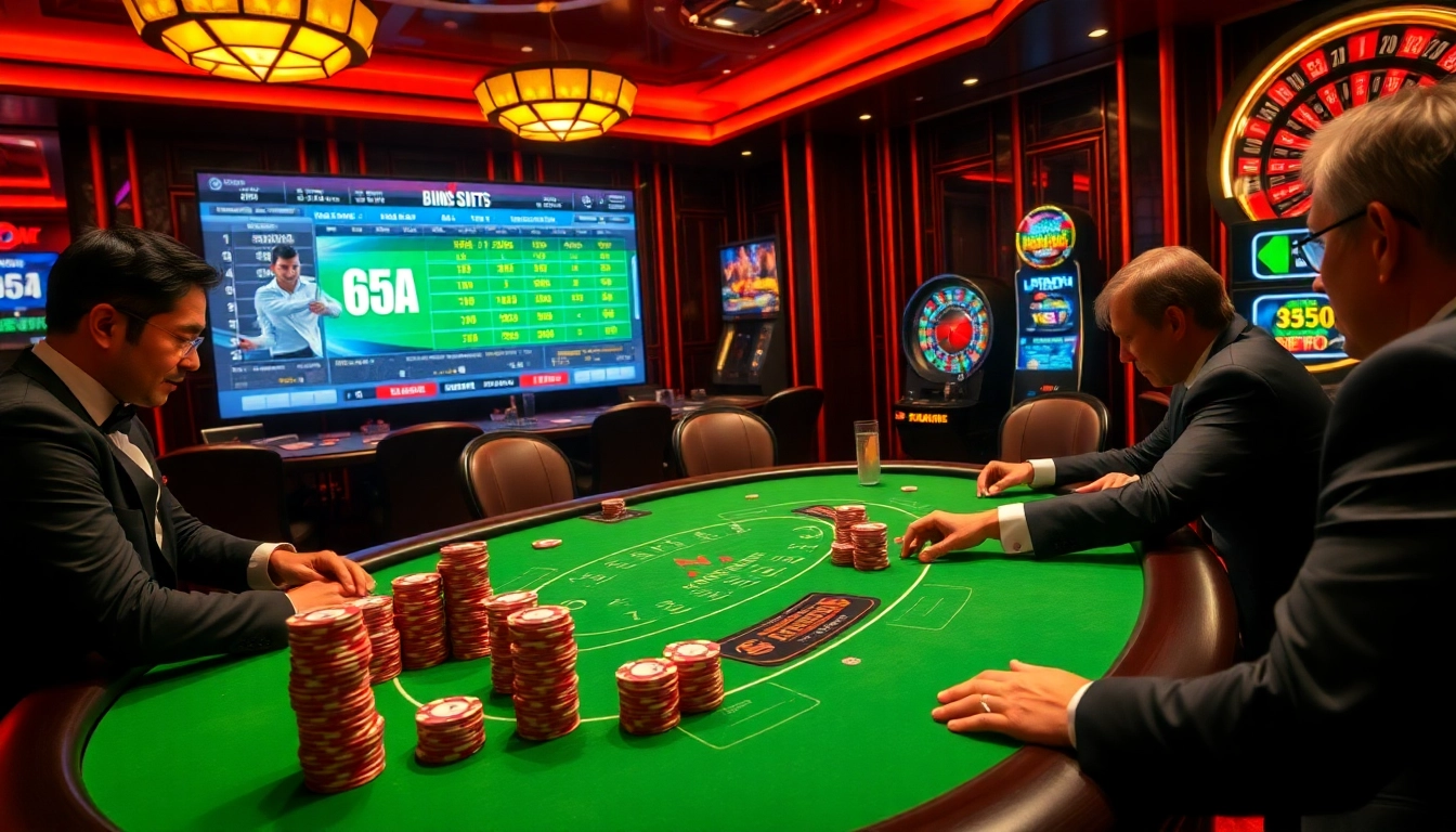 Players engage in high-stakes poker at the upscale casino 65A, showcasing excitement and strategy.