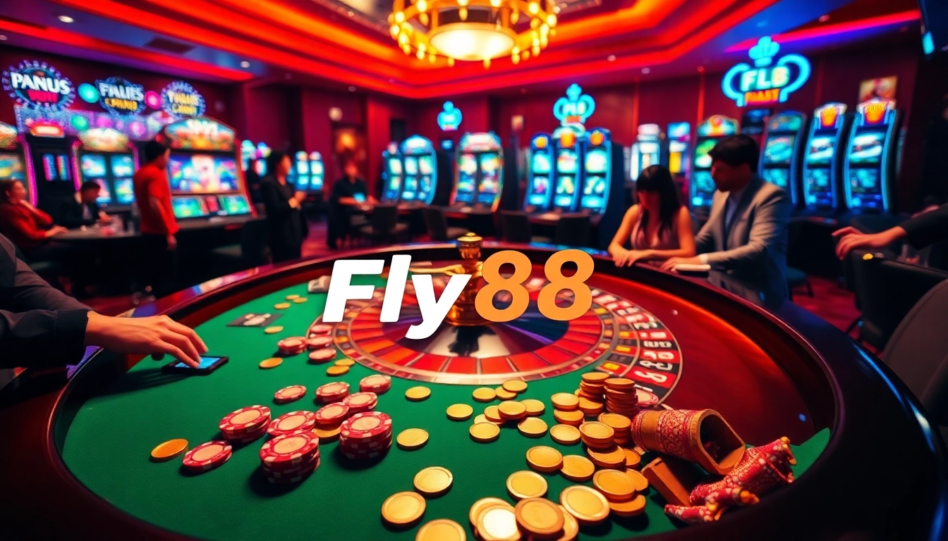 Experience the thrill of Fly88 at a luxurious casino filled with vibrant games and enthusiastic players.