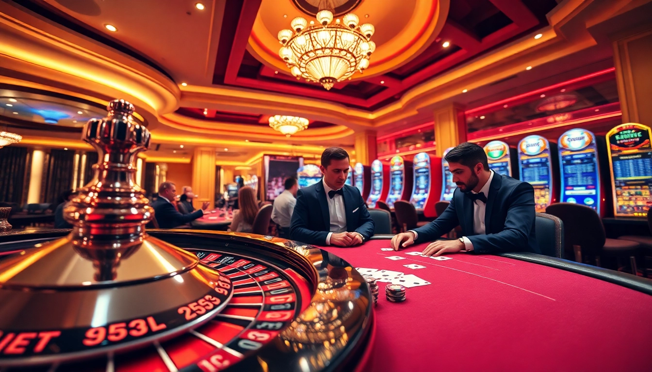 The thrilling atmosphere of gambling at http://33winn.gold/, showcasing poker, roulette, and vibrant slot machines.
