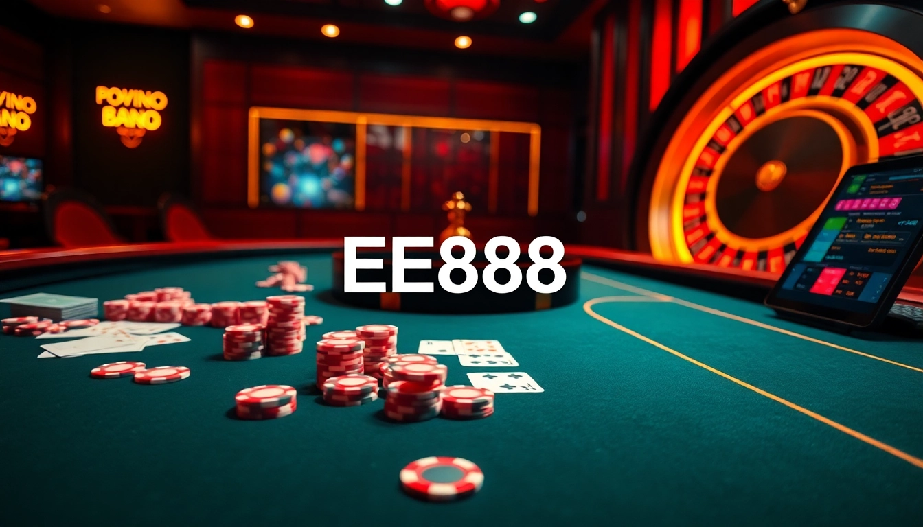 EE88 casino scene with poker chips, a roulette wheel, and warm lighting, showcasing gambling excitement.