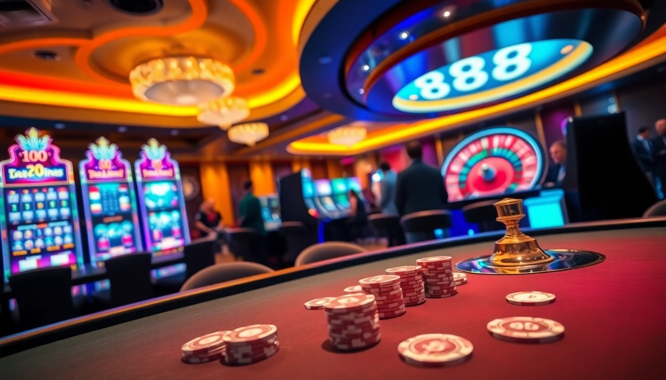 Gambling excitement at 888new with vibrant casino tables, chips, and spinning roulette in a luxurious setting.