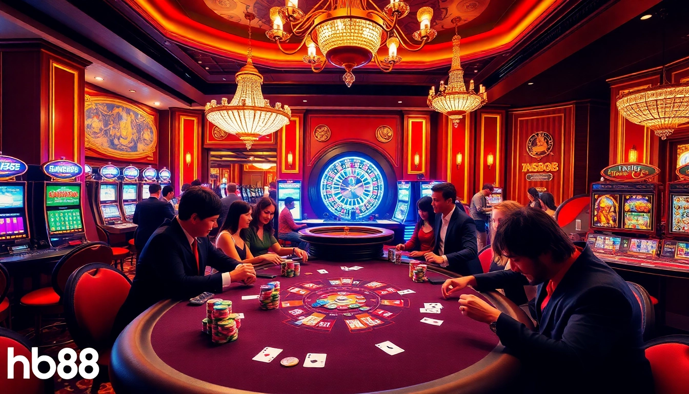A poker enthusiast celebrating a win at the hb88 casino table amidst vibrant slot machines and luxury decor.