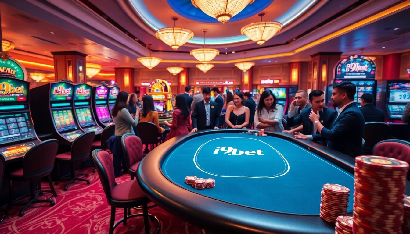 Exciting scene of players at an i9bet branded poker table in a luxury casino setting.