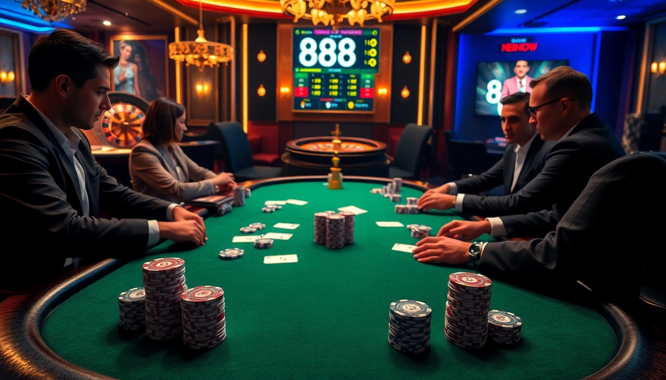 An exciting poker game at nhà cái 888NOW with engaged players, stacked chips, and a roulette wheel in the background.