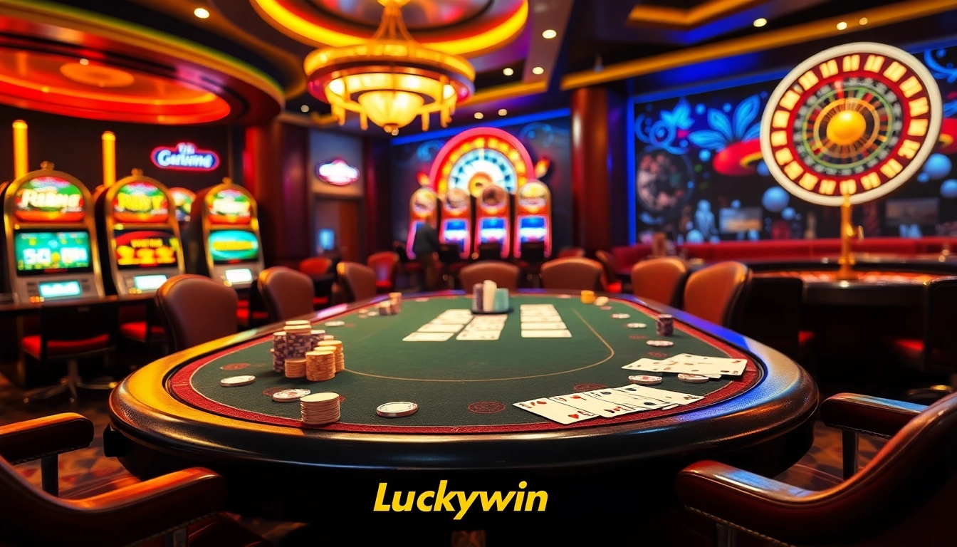 Luckywin players enjoying high-stakes poker and vibrant casino atmosphere.