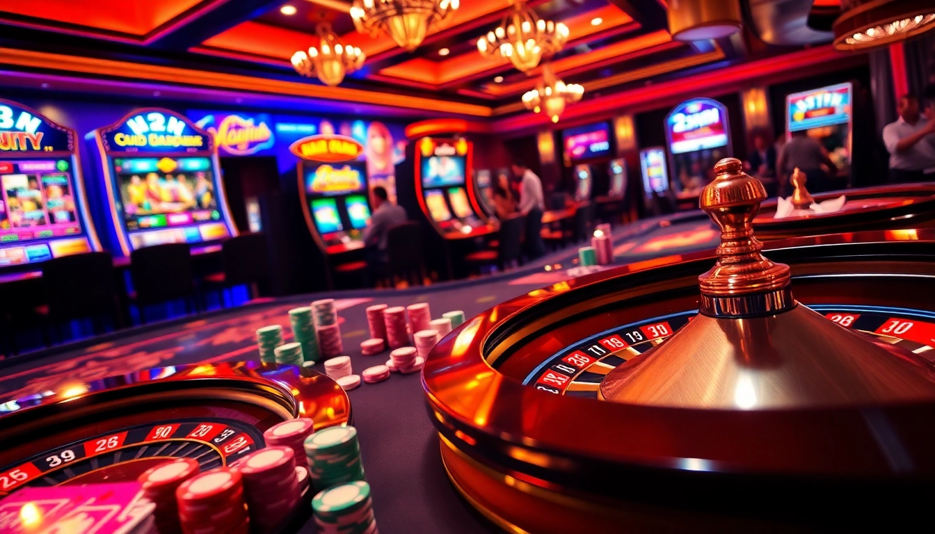 Experience the excitement of 23win with vibrant casino tables, poker chips, and spinning roulette wheels.