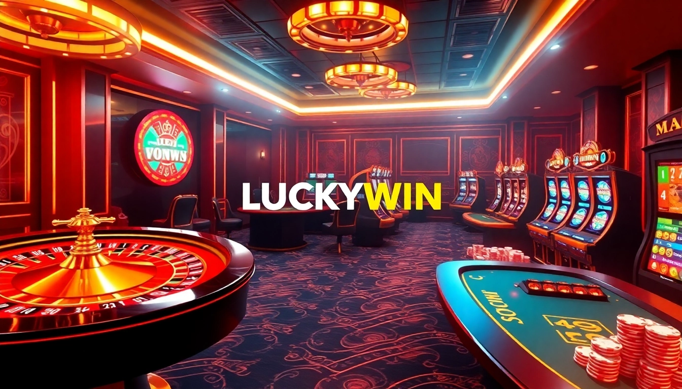 LUCKYWIN casino scene with roulette wheel, poker chips, and vibrant slot machines, exuding excitement.