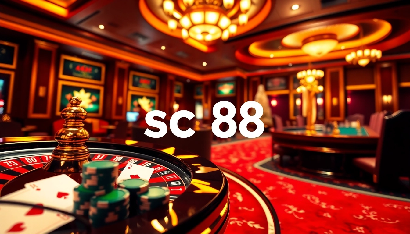 Players enjoying games at SC88's online casino, featuring roulette wheels and poker chips.