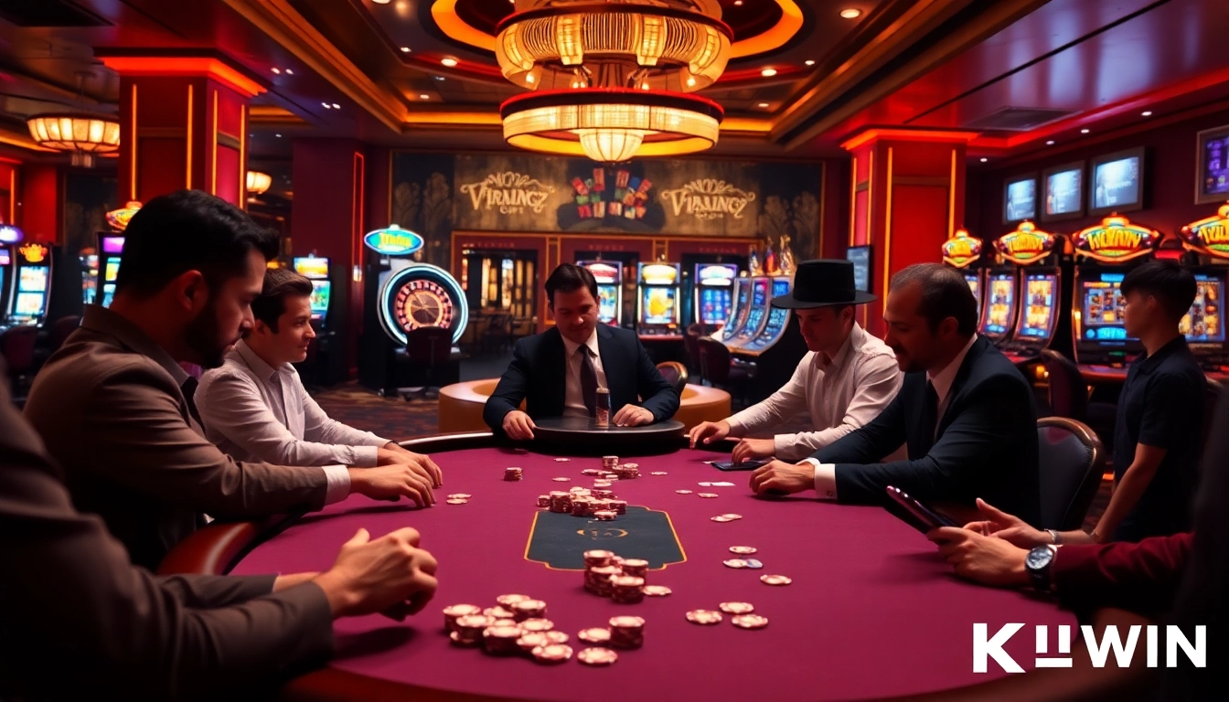 KUWIN players engaging in an exciting poker game at a luxurious casino table.