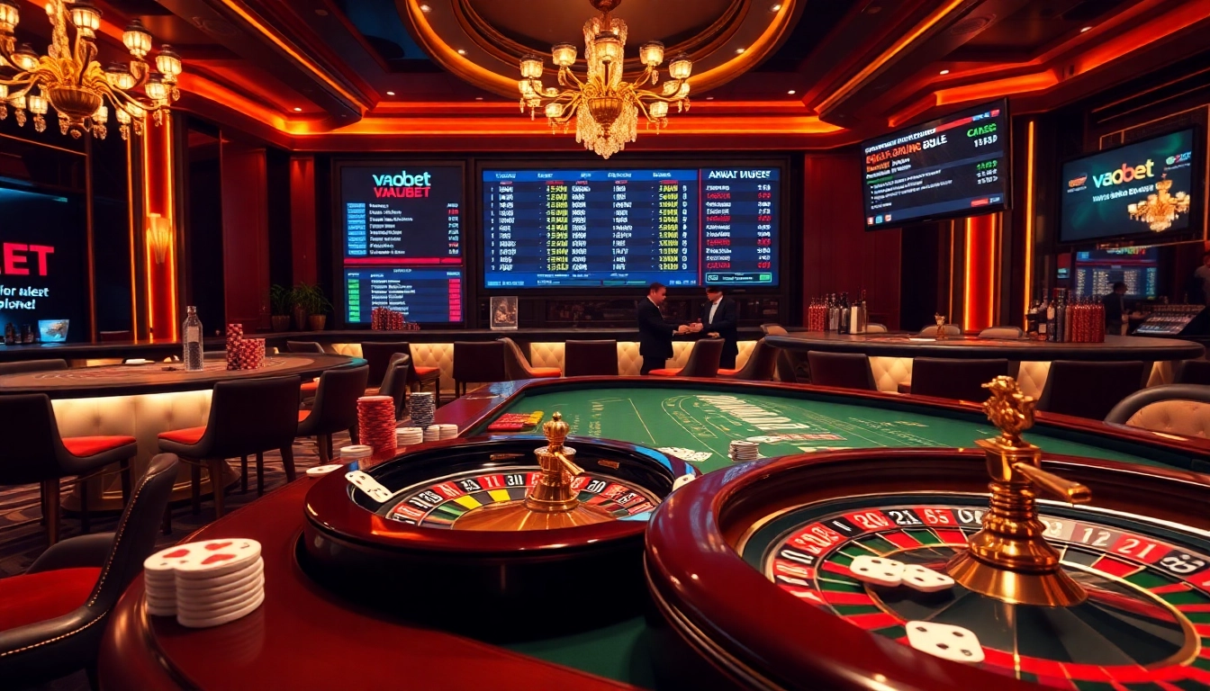 Engaged gamblers enjoying a classic casino experience at Vaobet, complete with roulette and poker.