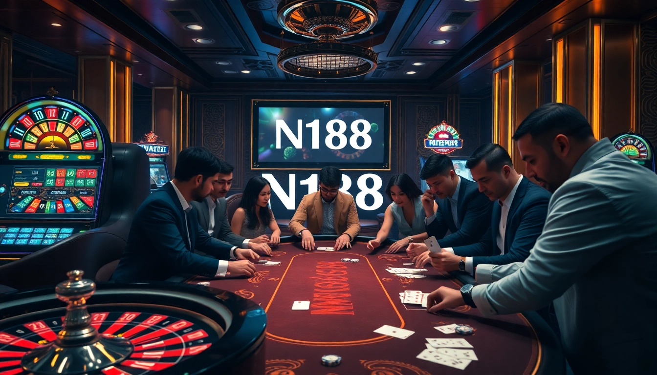 N188-themed luxury casino scene showcasing high-stakes poker action with vibrant slot machines.