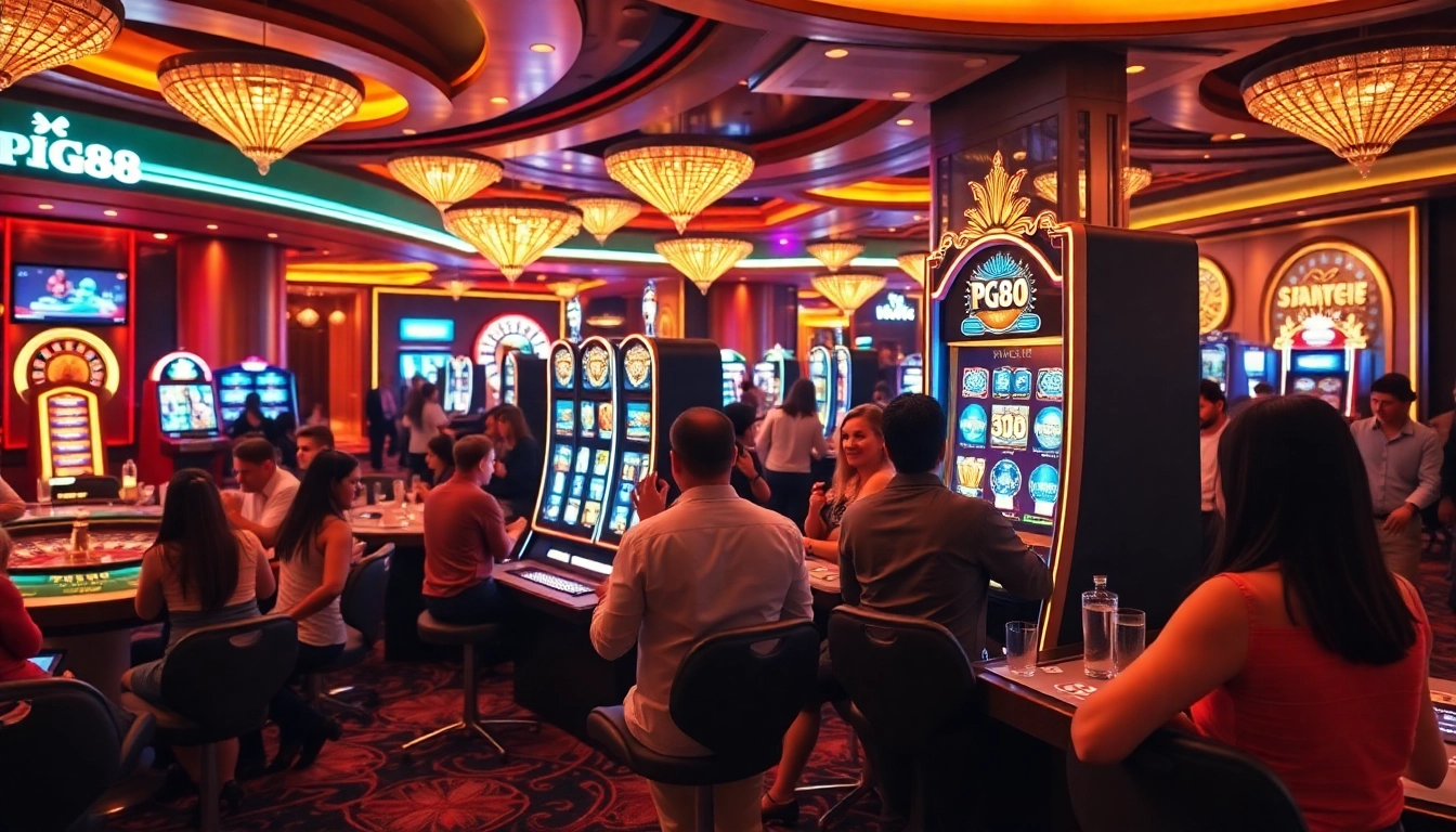 Play pg88 slot amidst an exciting casino scene filled with lights and players.