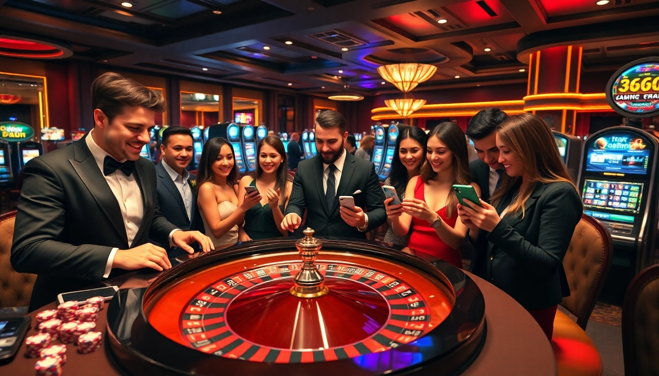 Engaged gamblers enjoying a lively casino atmosphere while using the app okfun for online betting.