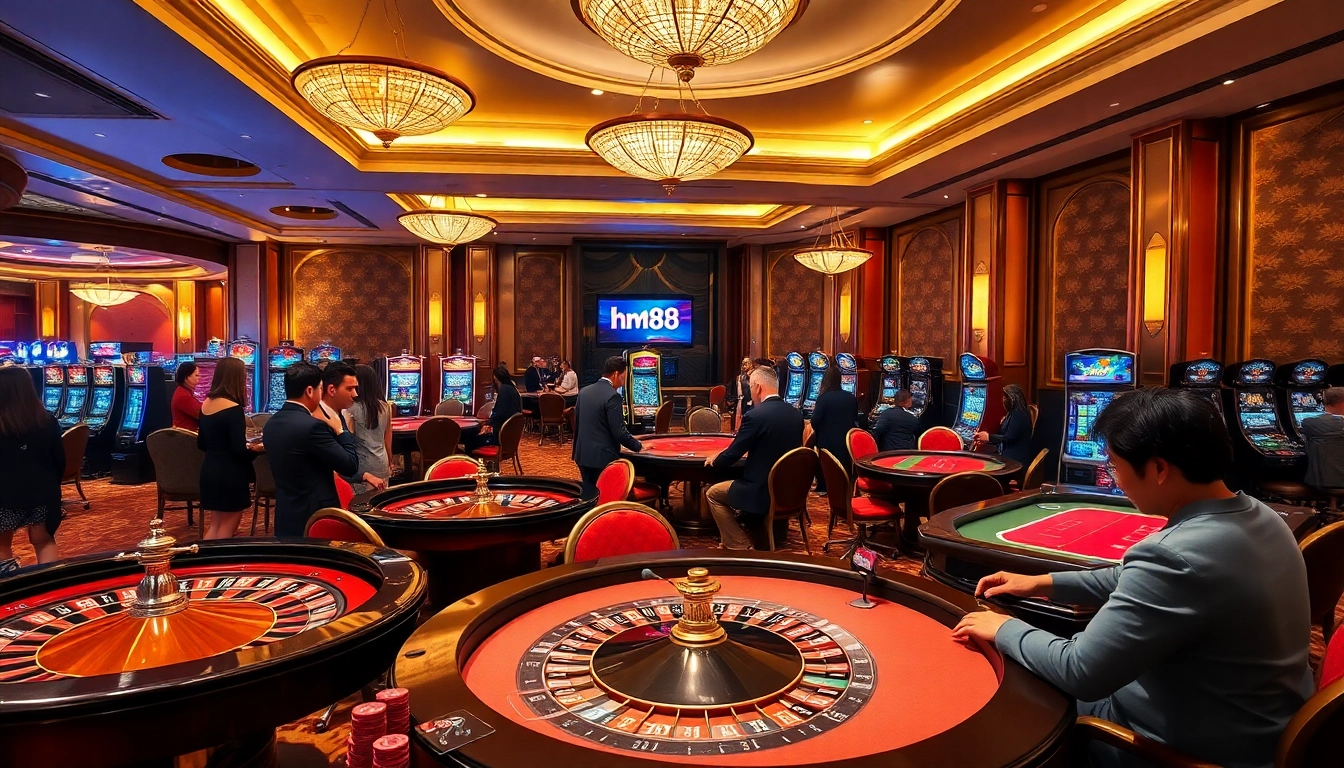 Experience high-stakes action with hm88 poker chips and roulette tables in a luxurious casino.