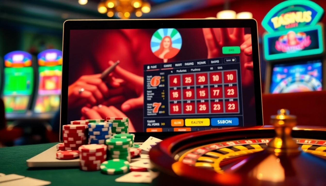 Exciting online gambling interface along with poker chips and roulette wheel on https://iwincom.net/.