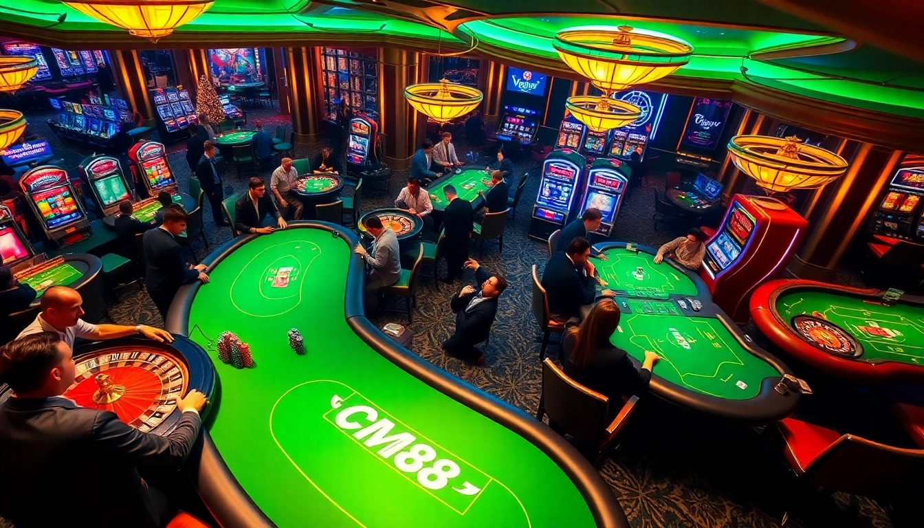 Experience the thrill of winning at CM88 casino with vibrant poker tables and slot machines.