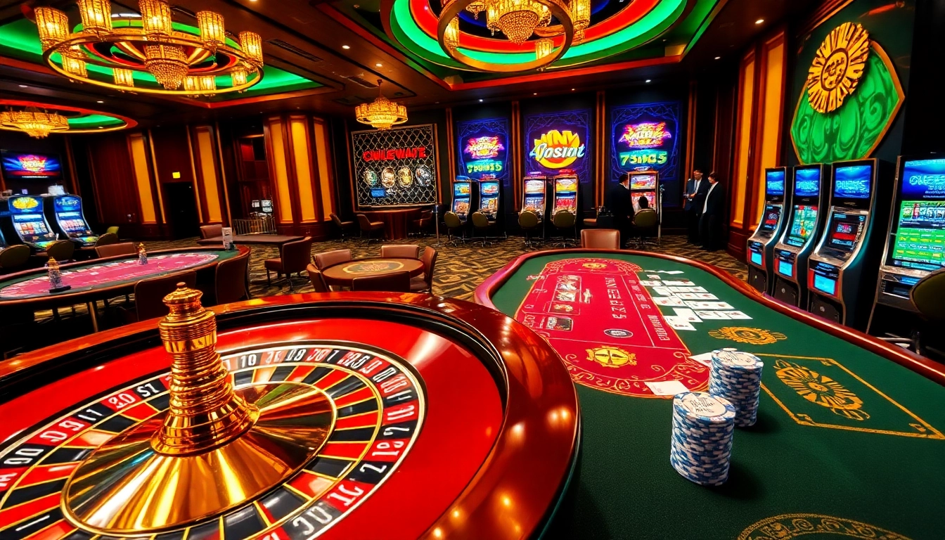 Experience the excitement of 789f at a luxurious casino with poker tables and roulette wheels.