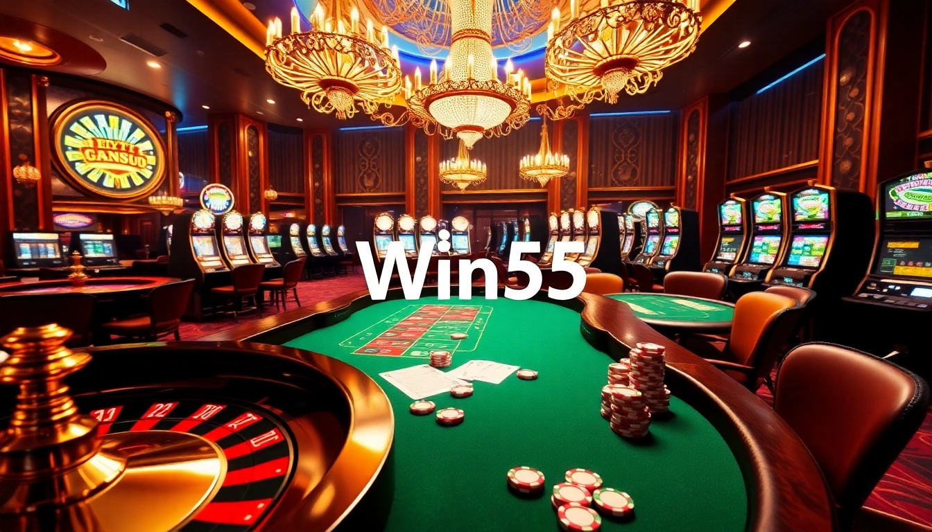 Players enjoying vibrant casino games at Win55, featuring roulette wheels and poker tables.