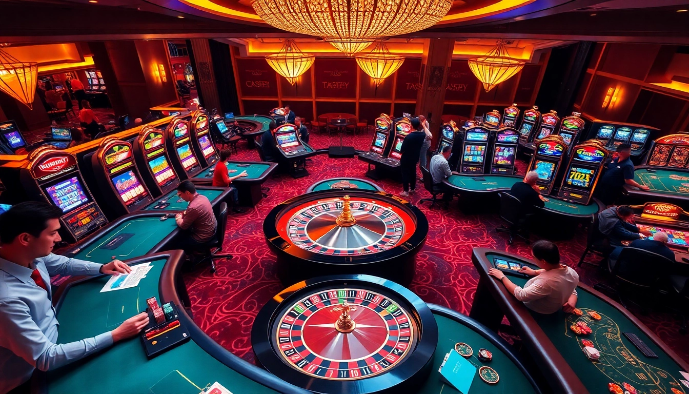 TPJ gamblers strategizing at tables in a vibrant casino atmosphere full of excitement.
