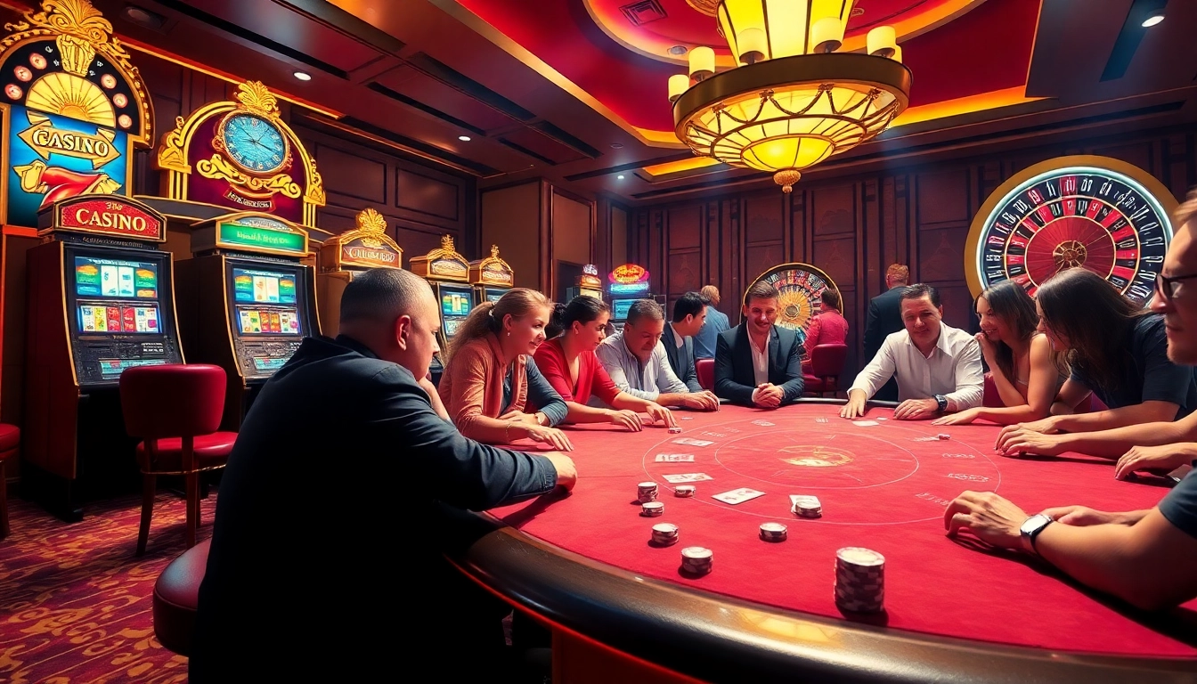Experience intense poker action at https://kjcmh.com/ with players and vibrant casino elements.