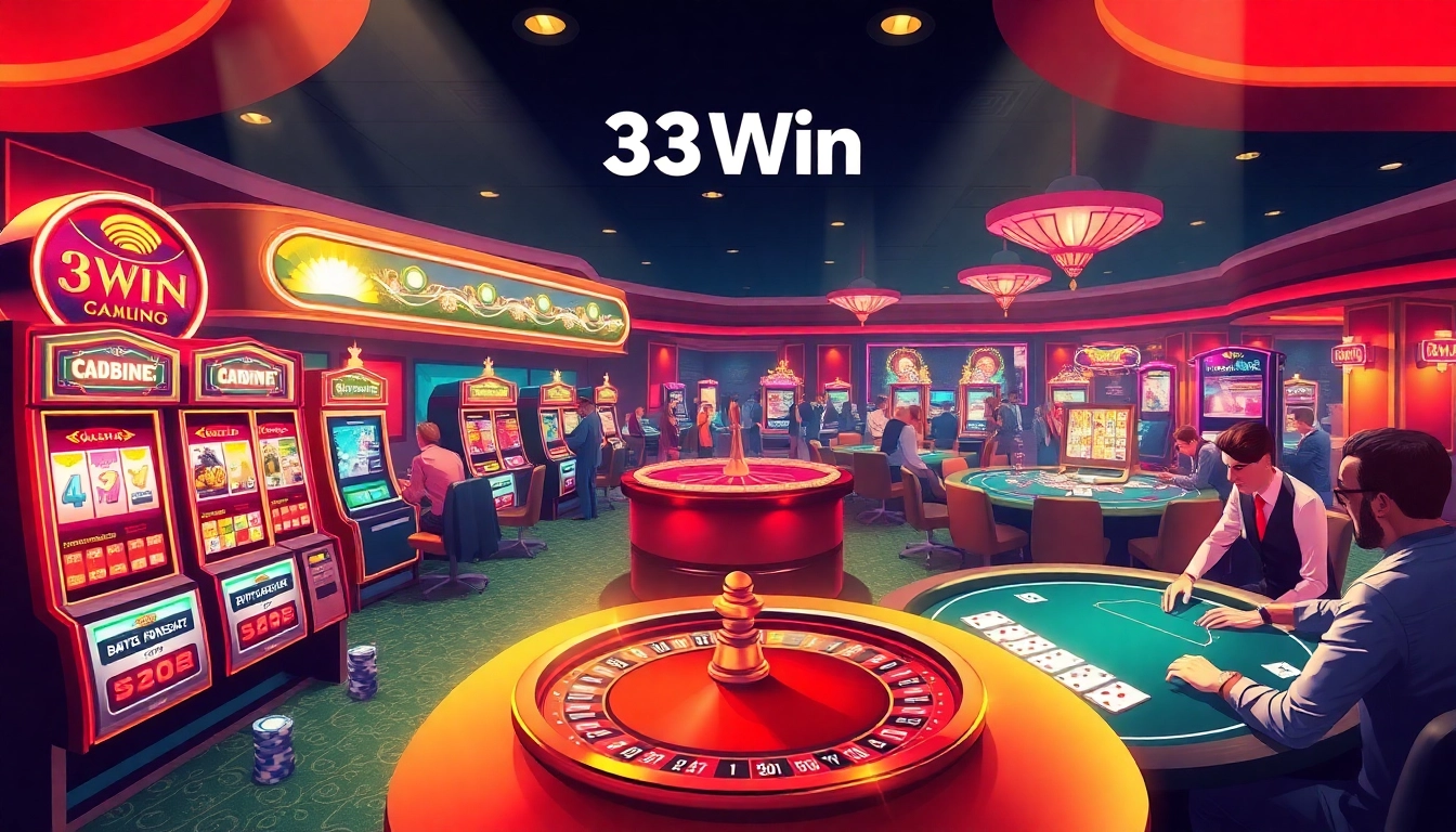 33Win casino scene featuring vibrant games like slots, poker, and roulette, capturing excitement.