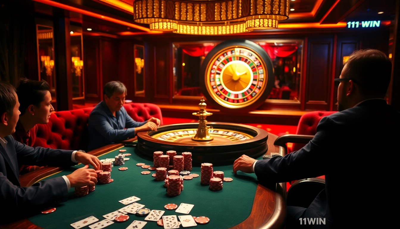 Enjoying a game at 11WIN's vibrant casino with poker chips and a roulette wheel.