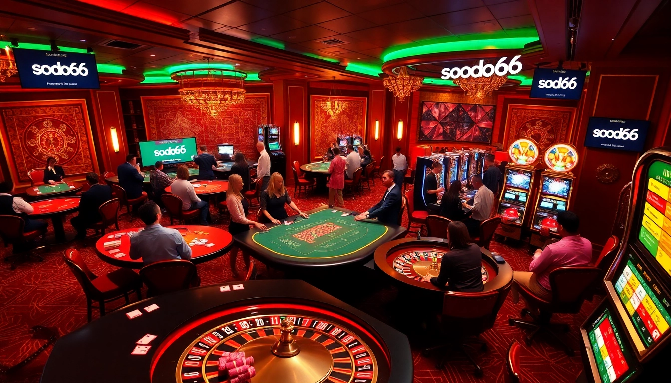 Sodo66 casino players enjoying poker and roulette in a luxurious setting.