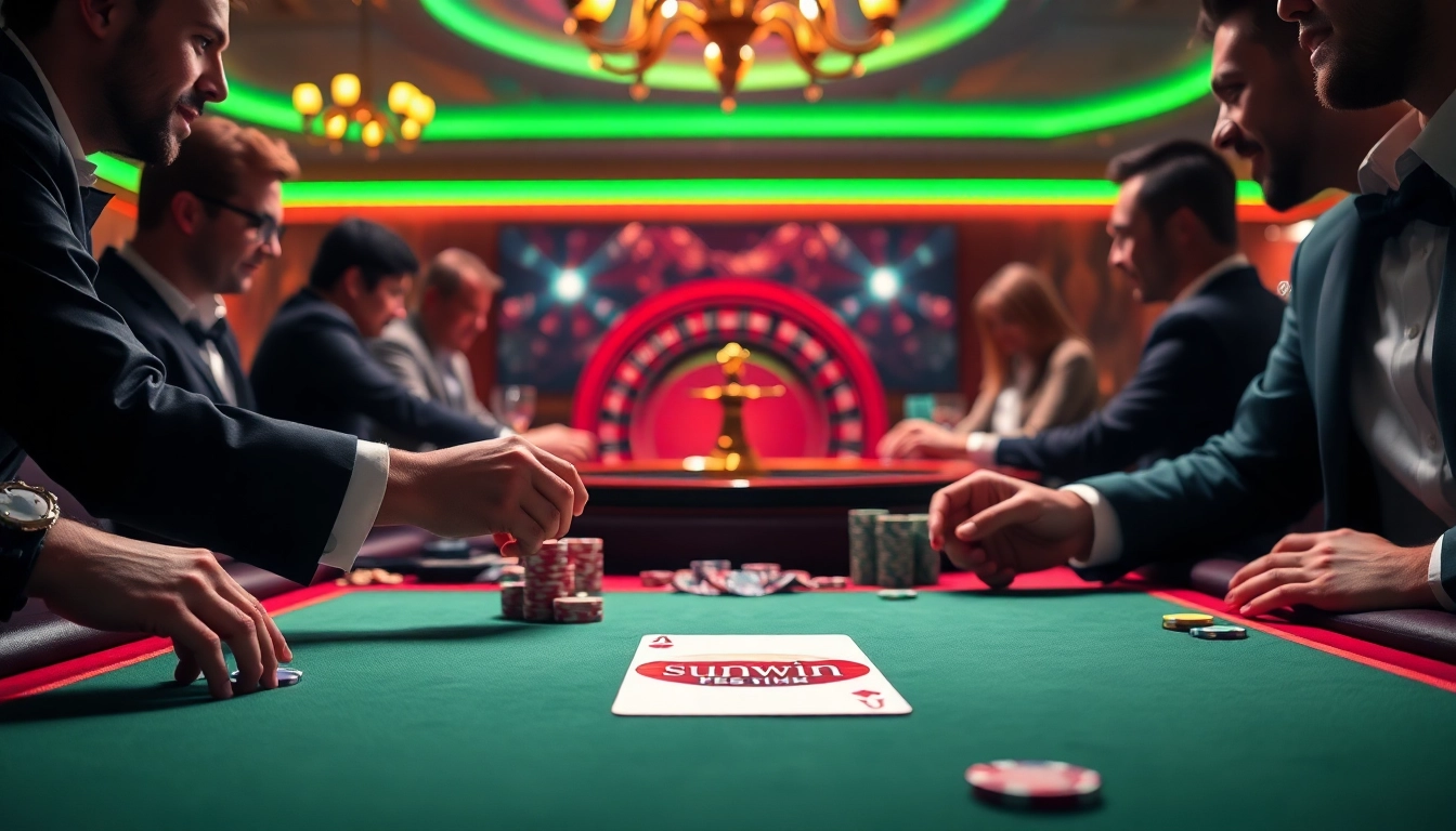 Experience an exciting sunwin casino scene with players engaging at a poker table, showcasing winning strategies.
