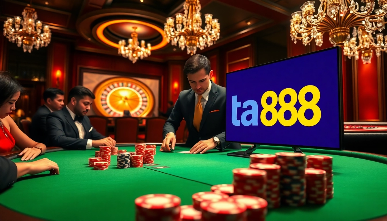 Experience the thrill of ta88 at a luxurious poker table in an upscale casino setting.