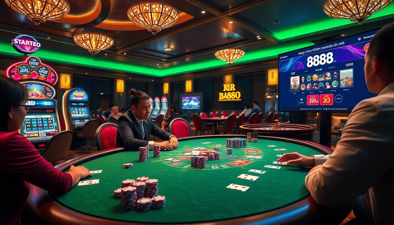 The thrilling atmosphere at RR88 casino, featuring poker tables and online gaming experiences at https://rr8888.in.net/.