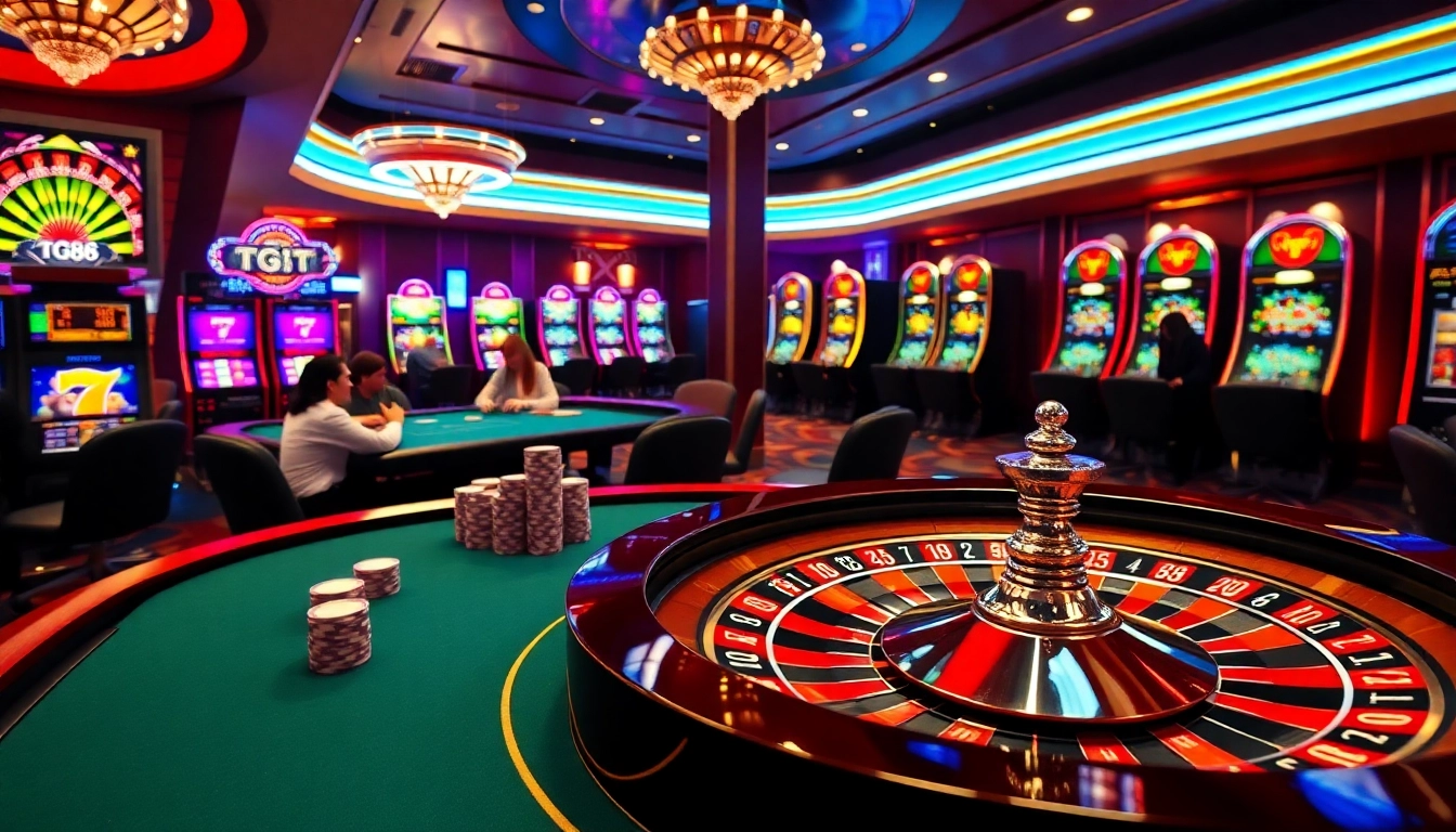 Engaging players enjoying tg88 at a vibrant casino with poker tables and slot machines.