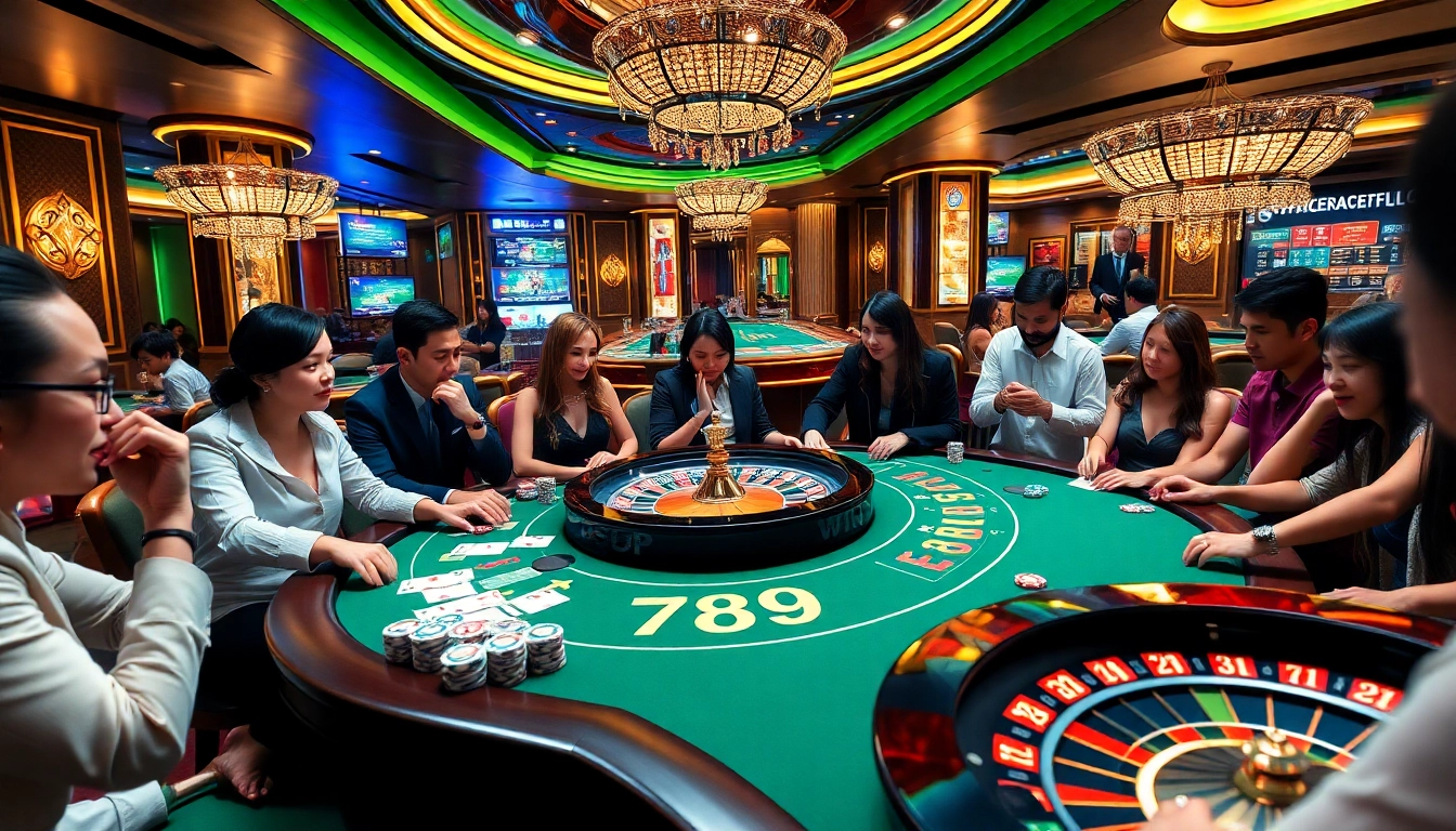 Players enjoying a thrilling game at a 789WIN casino table, showcasing cards and chips in action.