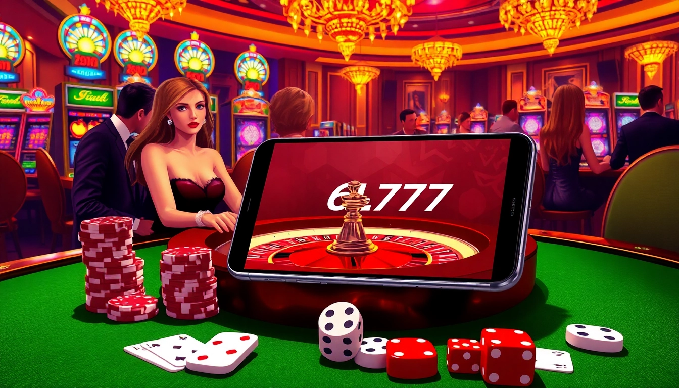 Exciting gameplay at a luxury 6L777 casino scene with roulette, poker chips, and vibrant machines.