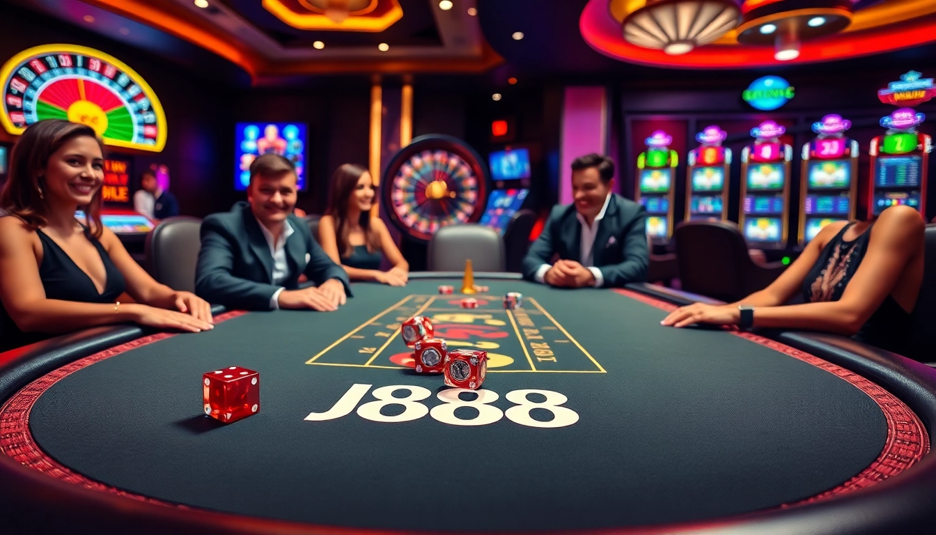 Experience thrilling gameplay at J88 casino with vibrant poker chips on a luxurious poker table.