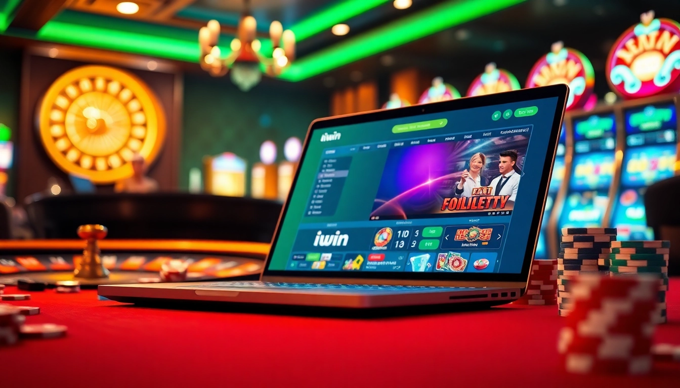 Iwin online casino interface surrounded by poker chips and roulette wheels, showcasing vibrant gambling excitement.