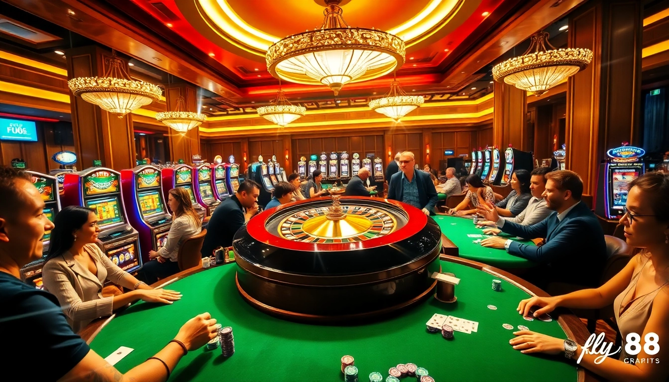 Experience the thrill of fly88 at a luxury casino featuring poker tables and roulette wheels.