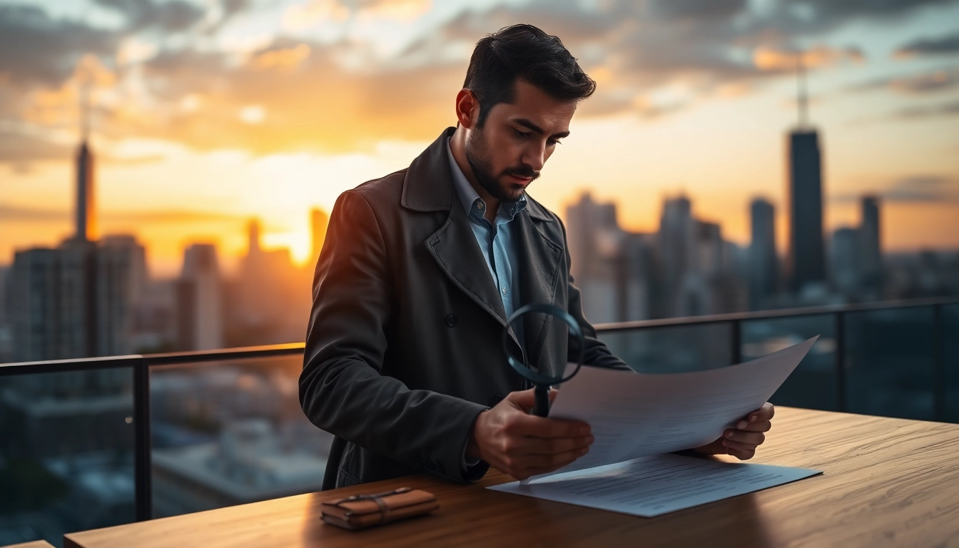 Private investigator analyzing evidence with a magnifying glass in an urban sunset backdrop.