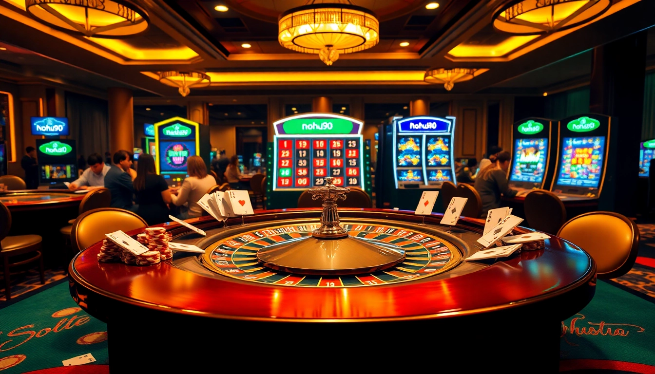 Nohu90 showcases a luxurious casino scene with a roulette table, poker chips, and players in action.
