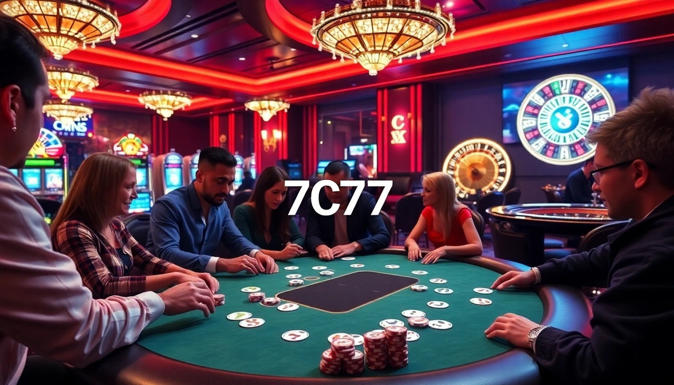 Action-packed gameplay at the luxurious 7C77 casino, highlighting poker chips and cards.