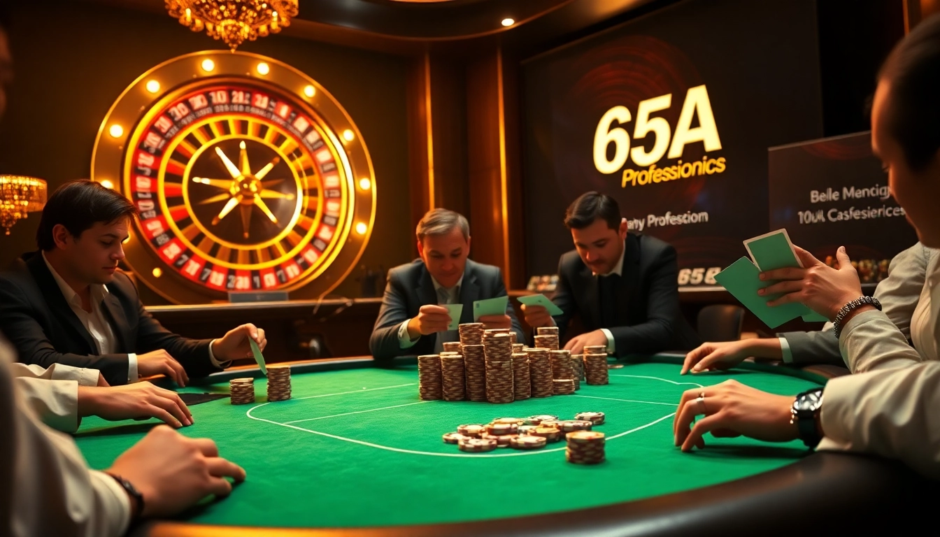 Players enjoying a thrilling game at the 65A casino poker table with vibrant chips and intense focus.