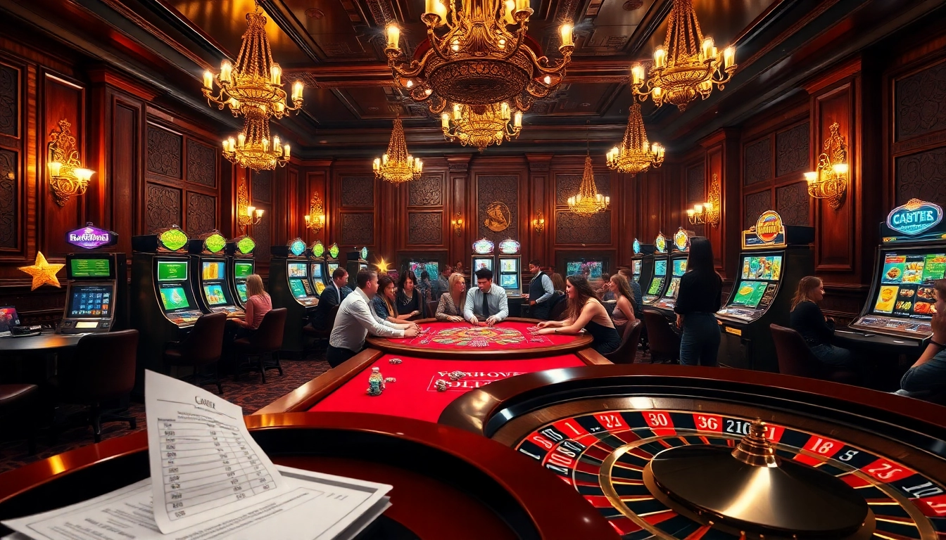 Exciting gambling scene with poker chips, slot machines, and roulette at https://impactxoft.com.