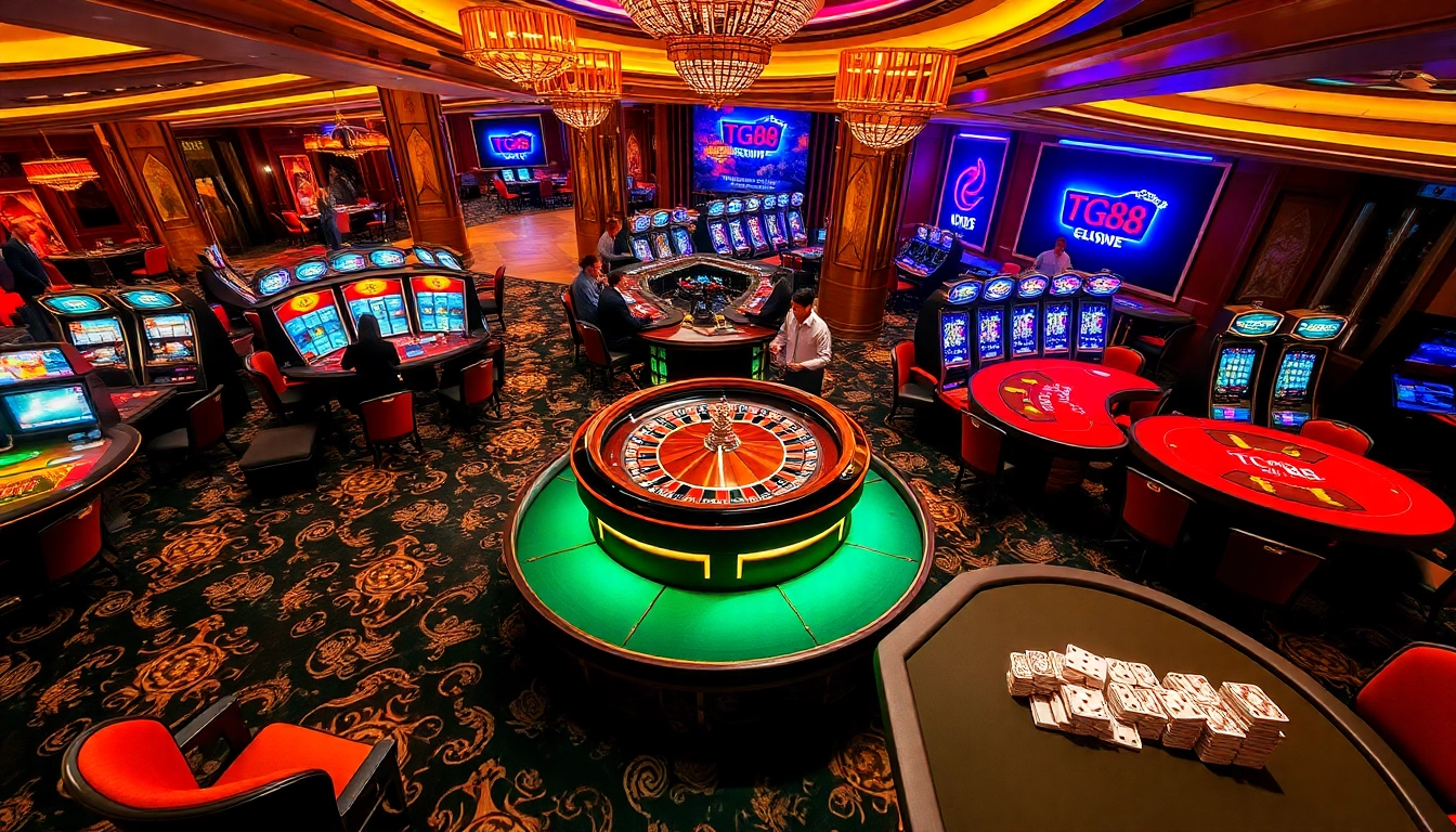 Engaged players at a TG88-themed casino table with vibrant slot machines.