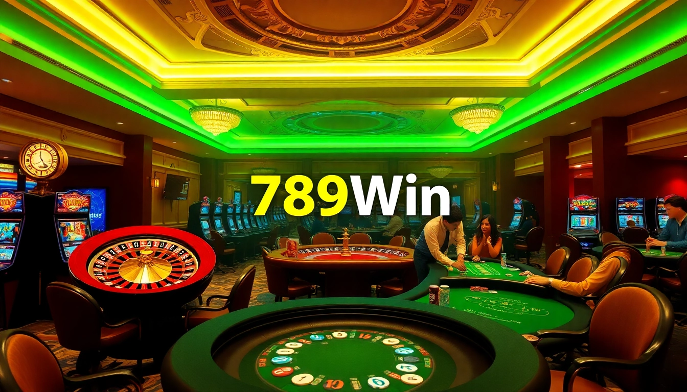 Players enjoying games at 789Win casino with vibrant slot machines and roulette wheel.