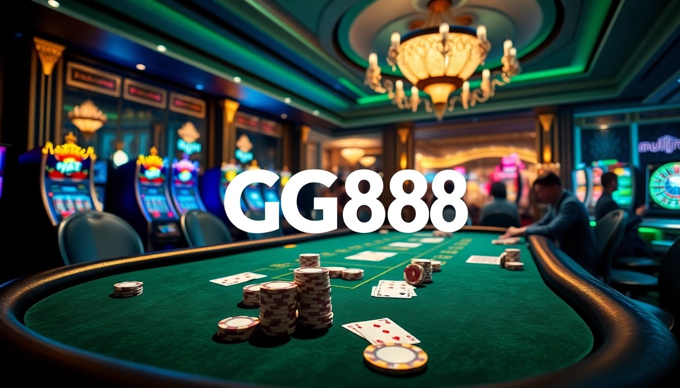 GG88 players enjoying an exciting poker game at a luxurious casino table, surrounded by vibrant slot machines.