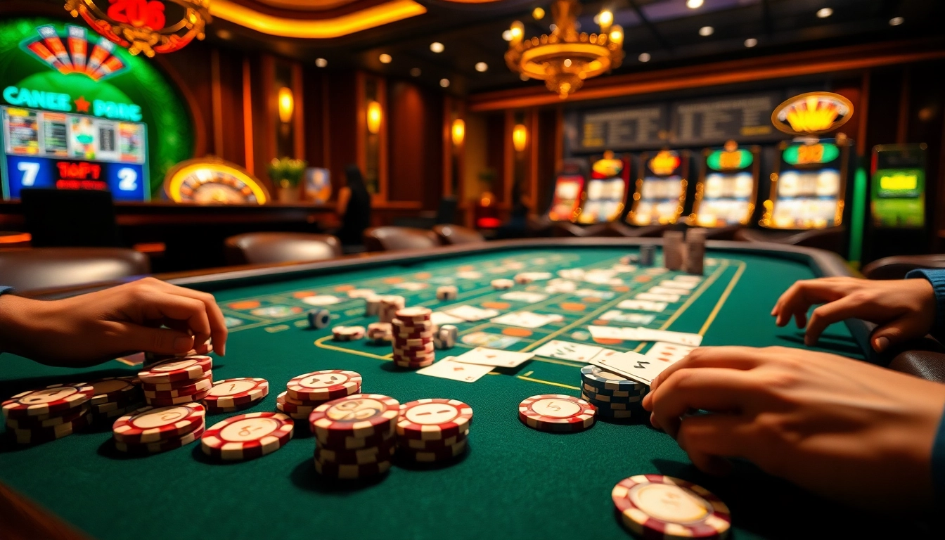 Gamblers enjoying a thrilling game on an s8-themed luxury poker table filled with chips and cards.