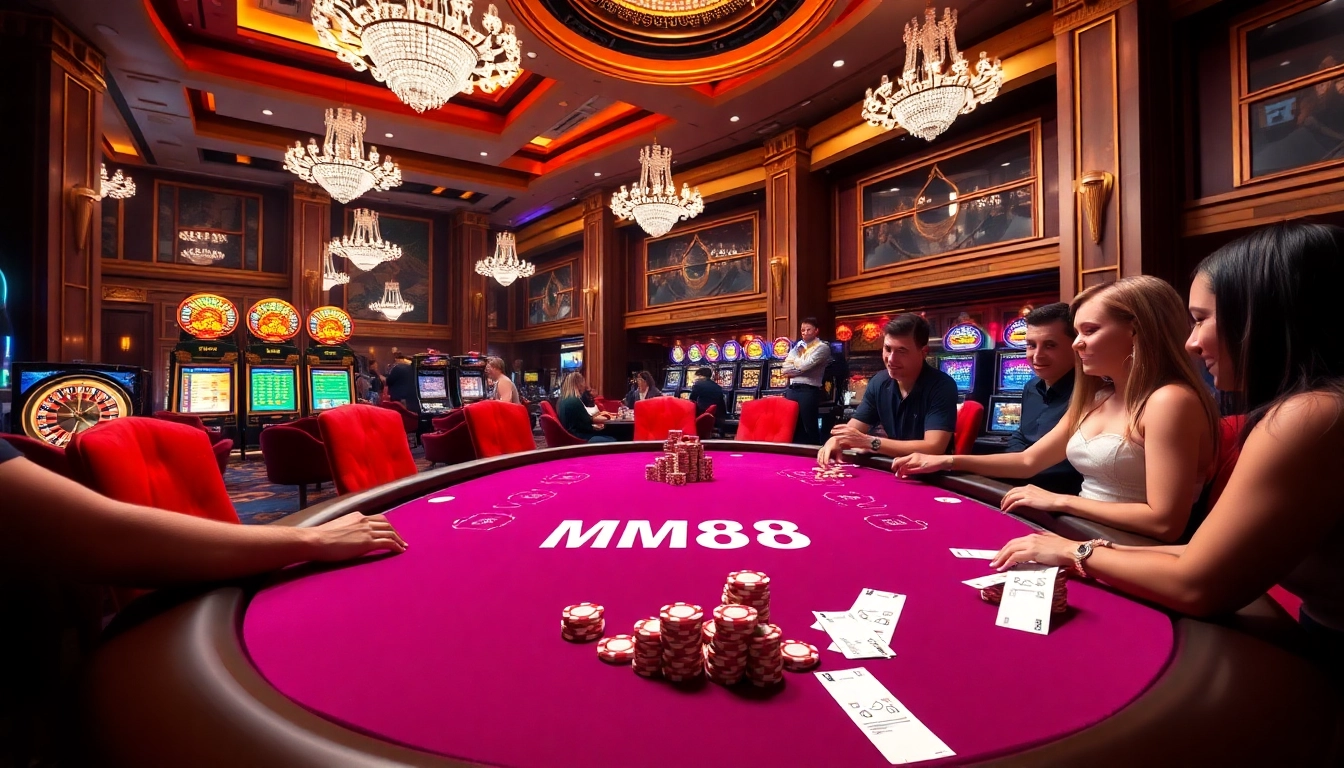 MM88 poker table featuring excited players in a luxurious casino setting, showcasing high-stakes action.